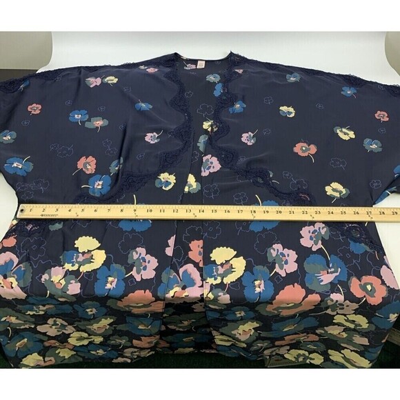 Victorias Secret Satin Kimono Robe Floral Lace Trim Navy Purple Open Size Medium - Picture 9 of 11
